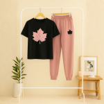 Leaf Printed Black Shirt And Pink Trouser