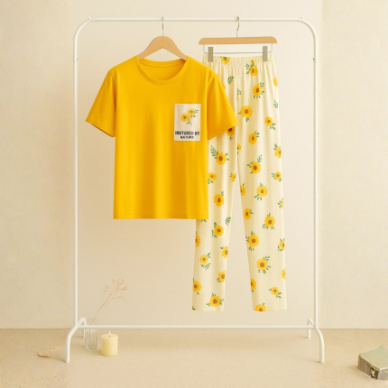 Yellow Flower Printed Trouser Night Wear