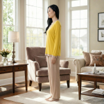 Yellow V Neck T Shirt with Contrast Trouser PJ Set - Image 2