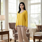 Yellow V Neck T Shirt with Contrast Trouser PJ Set - Image 3