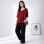 Plain Red V Neck T Shirt with Black Plazzo PJ Set - Image 3
