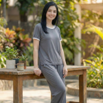 Plain Tshirt With White Round Neck And PLazo Pajama (Half Seeleve) - Image 6