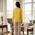 Yellow V Neck T Shirt with Contrast Trouser PJ Set - Image 4